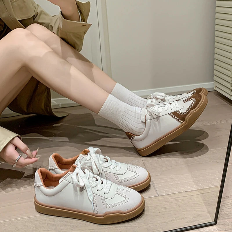 Futurecen NEW Autumn Casual Shoes Split Leather Shoes for Women Round Toe Thick Heel Platform Shoes Lace-up Women Sneakers German Trainer