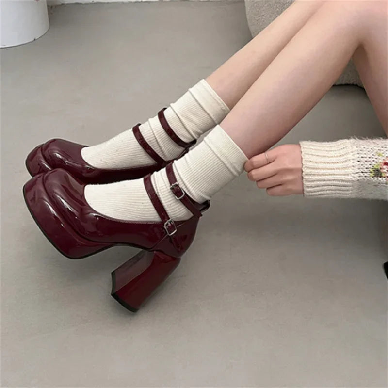 Futurecen  -  Mary Jane Pumps For Women Girls Fashion Brand New Chunky Heel Wedding Dress Shoes Spring New Pumps Classic Double Buckle