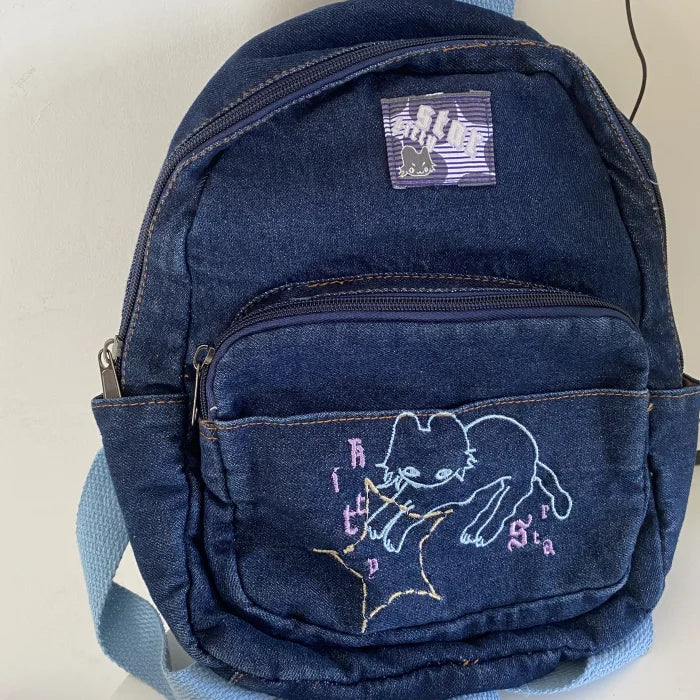 Futurecen  -  fancy bags Fashion Small Denim Backpack Kawaii Cat School Bag Mini Cute Schoolbag Deep Blue Backpacks Aesthetic Japanese Preppy Book Bags