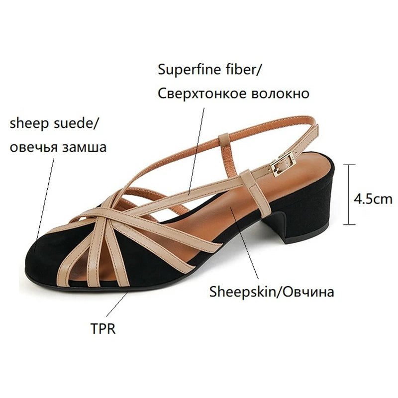 Futurecen  - Summer Women Sandals Round Toe Cover Heel Gladiator Shoes Women Sheep Suede Women Shoes Vintage Cutout Flat Roman Sandals