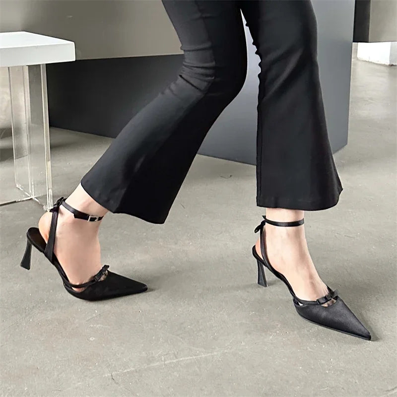 Futurecen 2024 New Design Ankle Buckle Strap Women Pumps Sandals Thin Heels Pointed Toe Shallow Slingback Mules Tacones Mujer