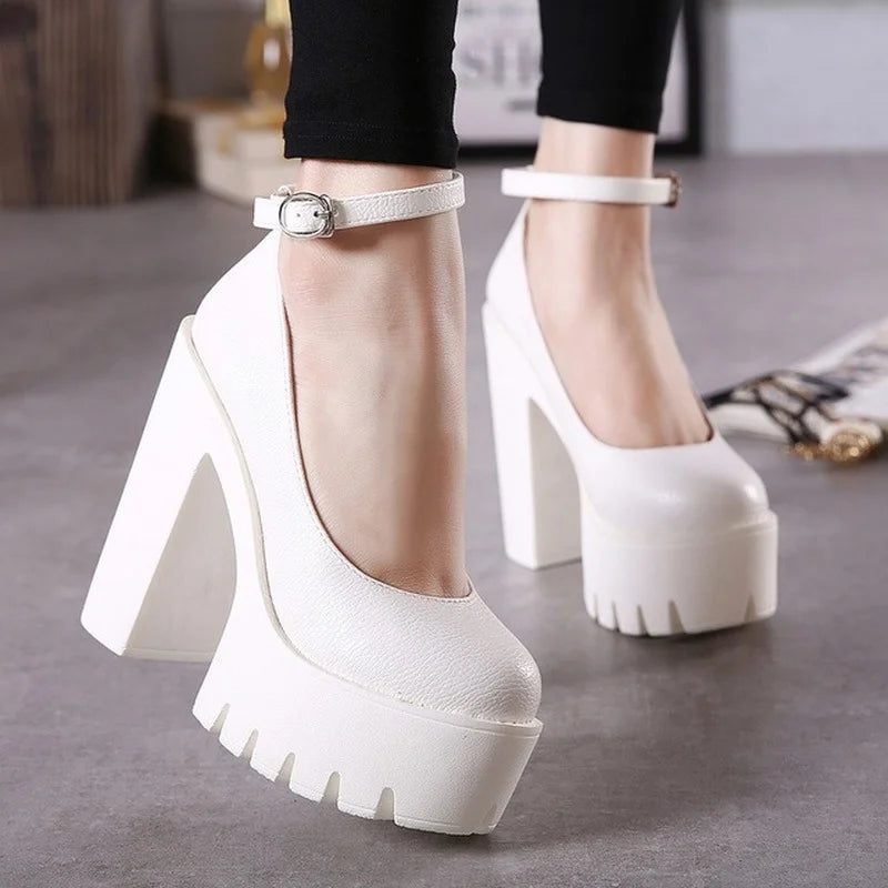 Futurecen Spring Autumn Casual High Heels Shoes Sexy Chunky Heel Platform  Shoes White Black Size 42 Single shoes