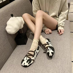 Futurecen  -  New Cow Pattern Round Toe Ballet Flats Woman Brand Design Slip-on Shallow Loafers Ladies Soft Cross Elastic Band Ballerina Shoes