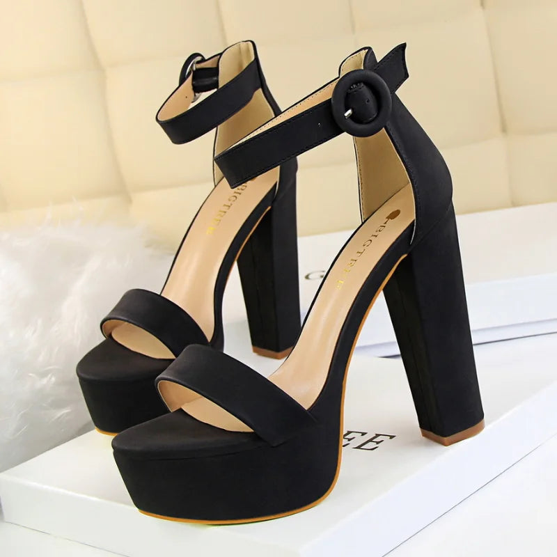 Futurecen  -  Fashion Women Pumps Sandals Summer Sexy Platform Buckle Strap PU 13.5CM Square Heel Outdoor Korean Style Women Shoes Black