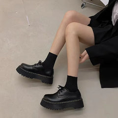 Futurecen  -  Black Platform Mary Jane Shoes Lace Up Round Toe Casual Small Leather Shoes Summer Loafers New Versatile Kawaii Women Shoes