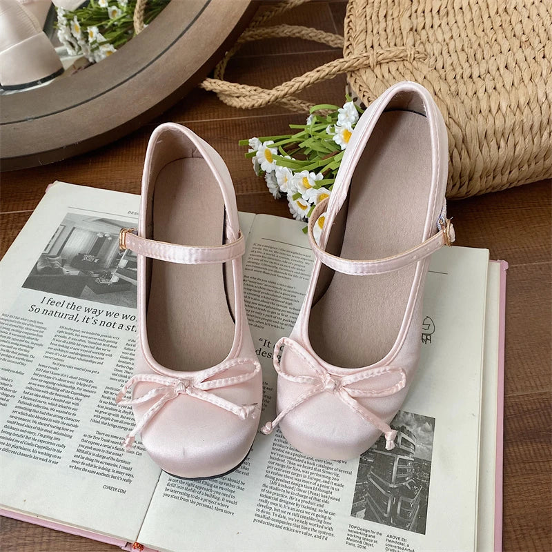 Futurecen New Spring Autumn Thick Heel Pink Shoes Elegant Bow Lolita Shoes College Girls High Heels Fashion Women Sandals