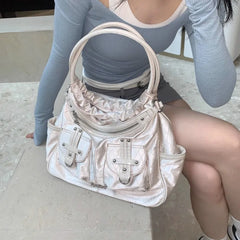 Futurecen  Y2k White Shoulder Bag for Women Pleated Soft Autumn New Trendy Tote Bag Multi-pocketed Large Capacity Handbag Sac