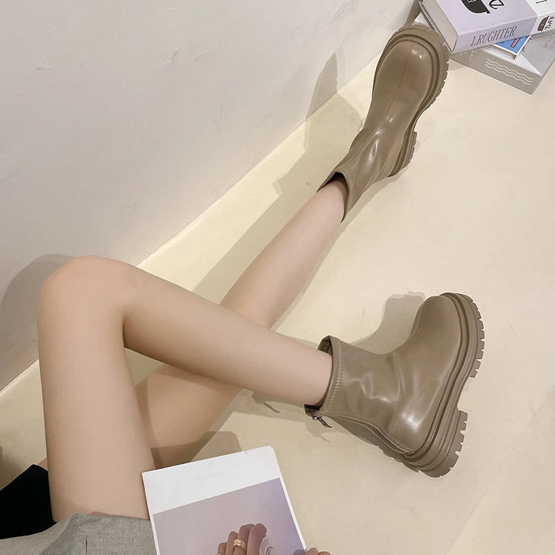 Futurecen Autumn Chunky Women Chelsea Boots Fashion Back Zippers Thick Heel Short Booties Retro Style Street Style Female Shoes