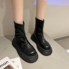 Futurecen  -  Winter Thick Heel British Luxury Boots Leather Female Thick Sole Chelsea Boots Thin and Increased Boots Female D34