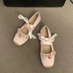 Futurecen  -  New Women's Flat Footwear Pink Ballet Women Single Shoes Fashion Lace Up Girl Mary Jane Shoes Sweet Flowers Ladies Summer