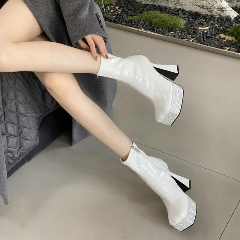 Futurecen Autumn Winter Patent Leather Women Ankle Boots Fashion Rhinestones Platform Wedges High heels Chelsea Short boots Chunky Shoes