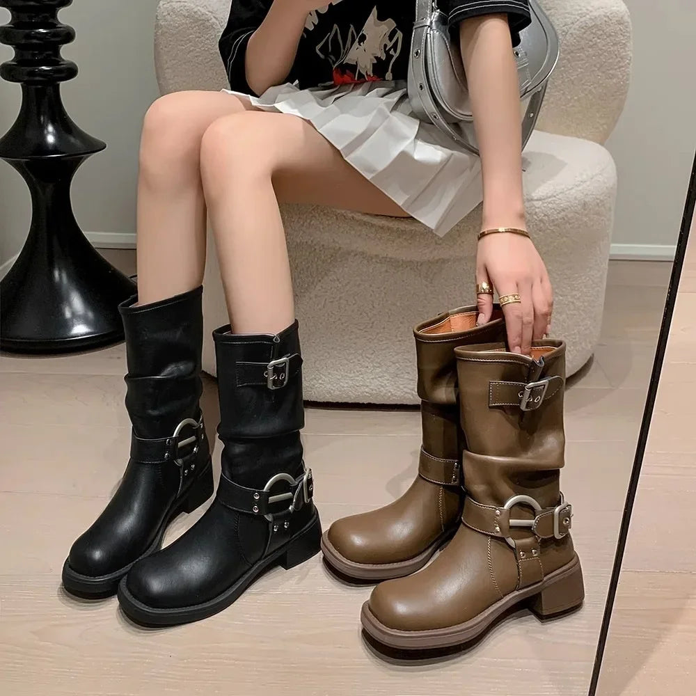 Futurecen Winter Cowboy Boots for Women Fashion Slip On Ladies Casual Short Boots Thick Bottom 2024