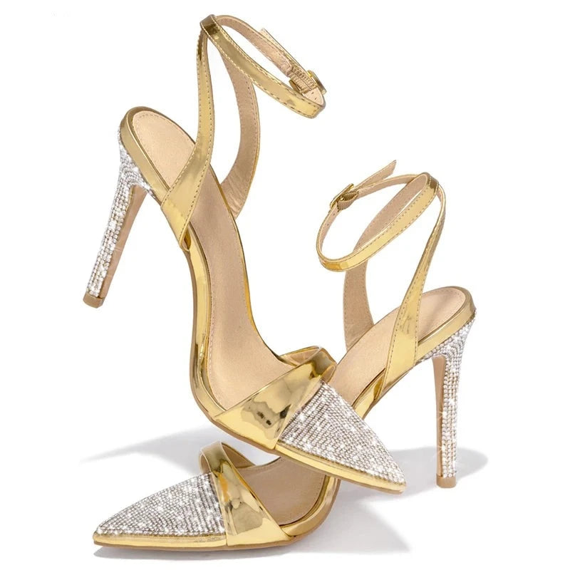 Futurecen Plus 35-42 Crystal Pointed Toe Buckle Strap Women's Sandals Thin Heels Golden Female Party Stripper Shoes