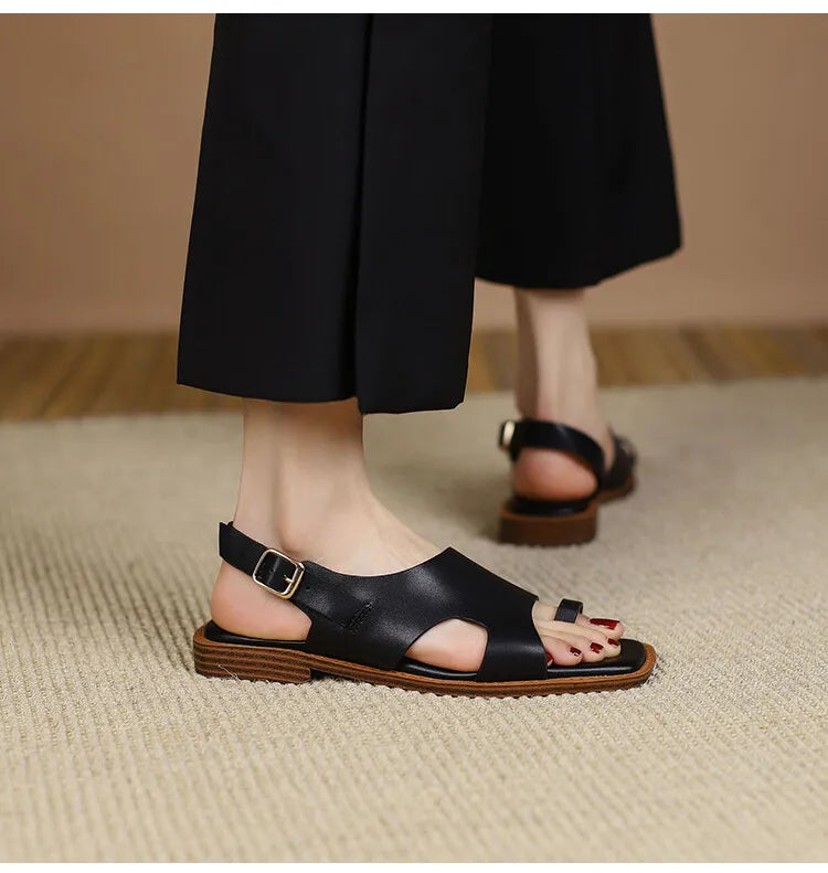 Futurecen Summer Women Sandals Retro Split Leather Luxury Roman Sandals Casual Flat Shoes for Women  Low Heel Women Shoes