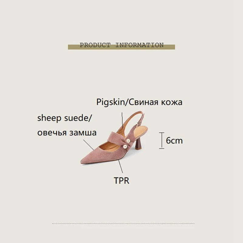 Futurecen Summer Sandals Women Sheep Suede Leather Shoes for Women Cover Toe Thin Heel Women Shoes Slingback Shoes Women Pearl Sandals