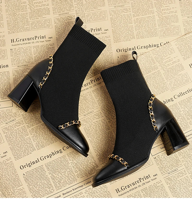 Futurecen Autumn Women Knit Ankle Boots Fashion Slip On Slimming Short Booties Autumn Winter Female Thick Heel Shoes