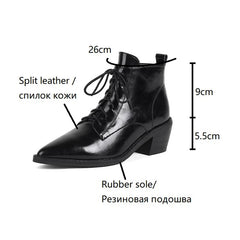 Futurecen  -  Autumn Boots Women Split Leather Shoes for Women Pointed Toe Chunky Heel Shoes Casual Lace-up Short Boots Retro Ankle Boots