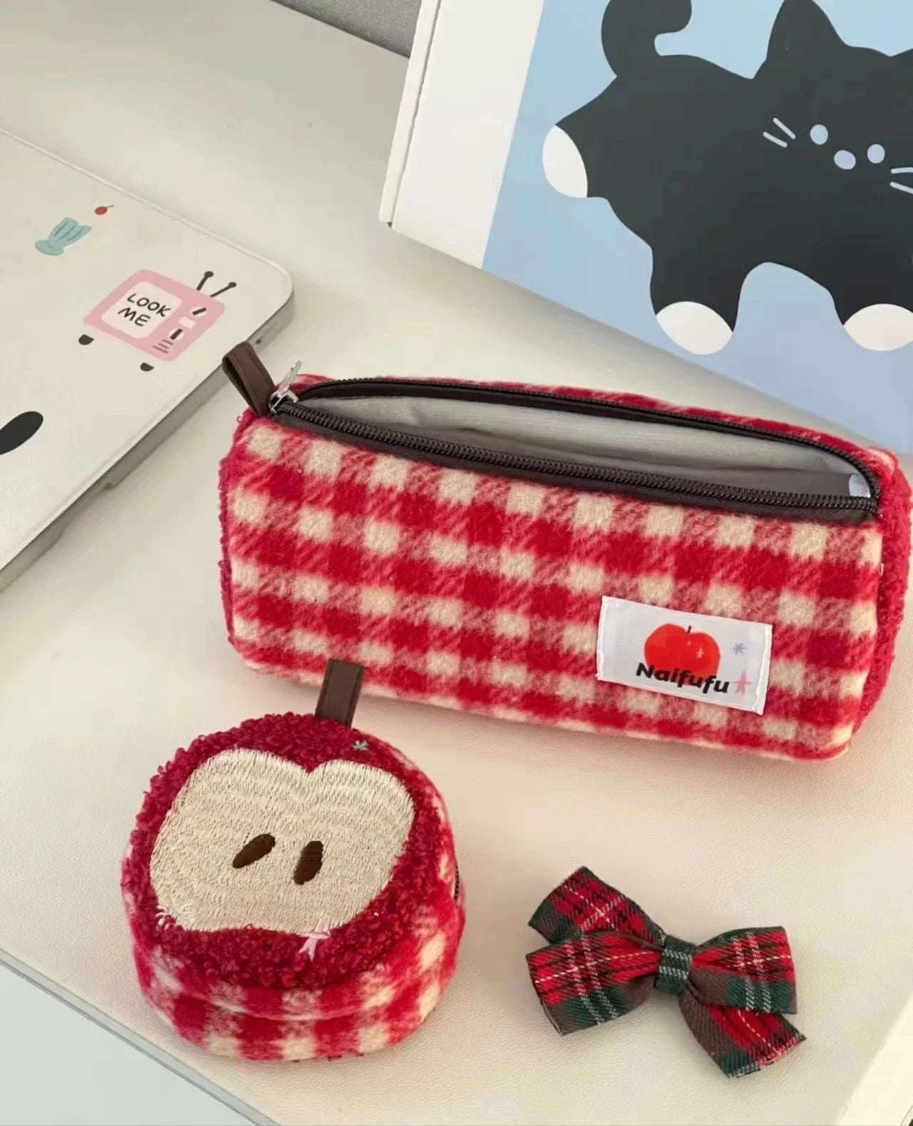 Futurecen  -  Cute Apple embroidery Pen bag Catoon Pencil Case Kawaii Storage Bag Cosmetic Bag Korean Stationery School Supplies Children Gift