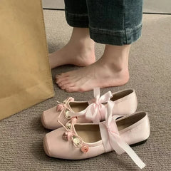 Futurecen  -  New Women's Flat Footwear Pink Ballet Women Single Shoes Fashion Lace Up Girl Mary Jane Shoes Sweet Flowers Ladies Summer