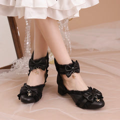 Futurecen Classic Bow Lolita Shoes Sweet Lace back zipper Ankle Strap Spike Heel Pumps Female Cosplay Party Ruffles Princess High Heels