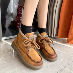 Futurecen Boots Female Women Shoes  New Round Toe Lace-up Ankle Boots Women Flats Plush Warm Cotton Shoes Winter Casual Basic Retro PU