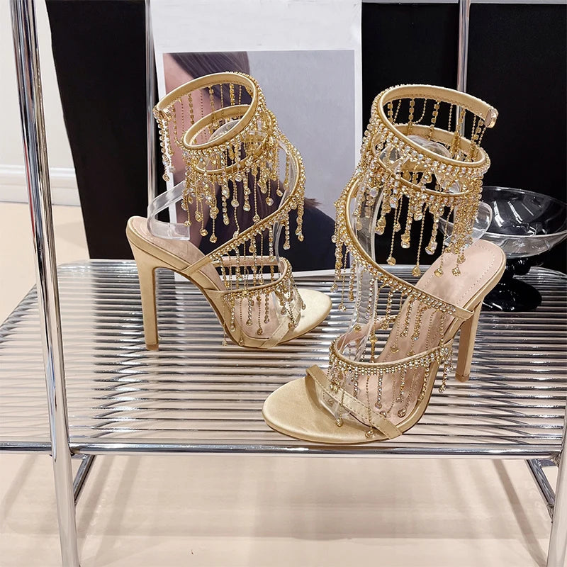 Futurecen  Runway Style Glitter Crystal Tassel Snake Coiled Women Sandals Sexy Stiletto High Heels Summer Fashion Party Prom Shoes