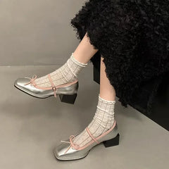 Futurecen  -  New Sweet Bow Mid Heel Women's Shoes Square Head Shallow Mouth Single Shoes Ladies Fashion High Heel Female Shoes