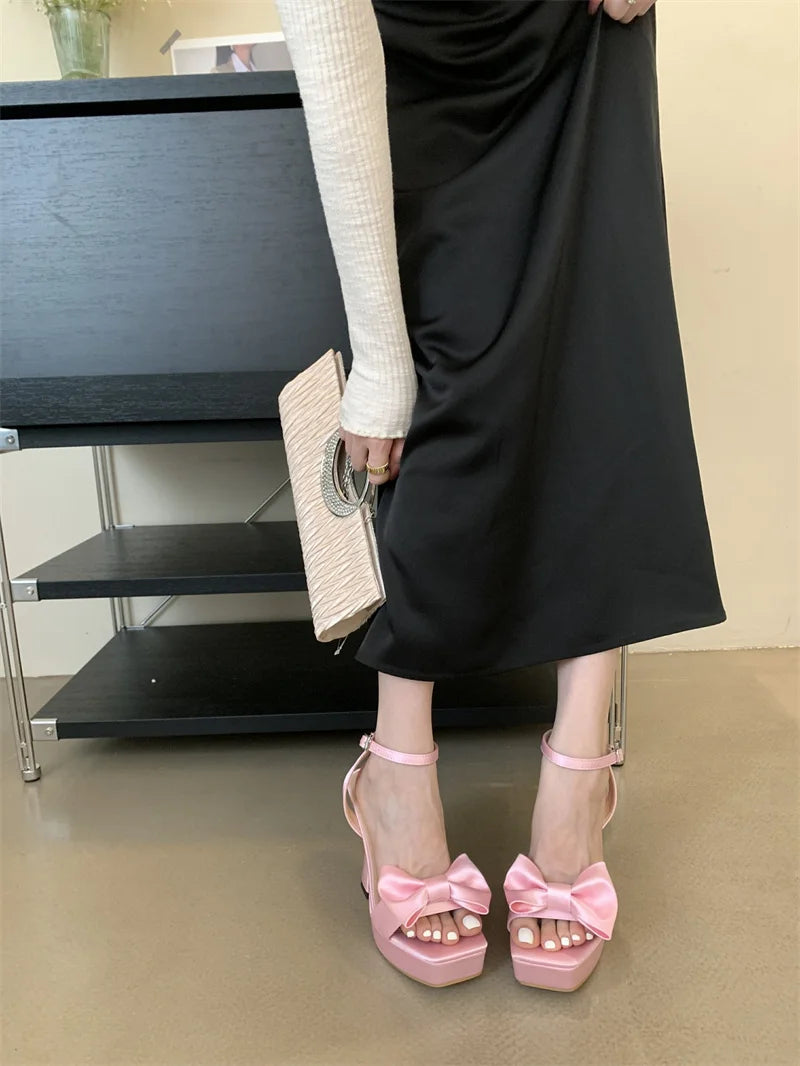 Futurecen  2024 New Brand Super High Heels Sexy Sandals Fashion Pink Silk Bowknot Square Open Toe Chunky Platform Shoes Women Pumps