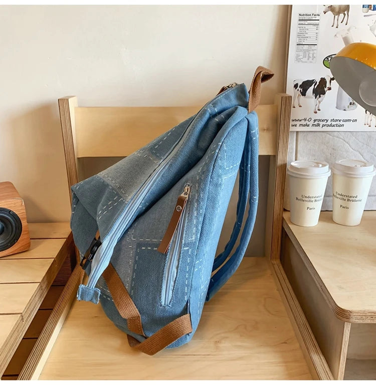 Futurecen New Women Denim Vintage College Backpack Lady Leisure Retro Trendy Female Patchwork Book Bag Fashion Girl Cute Travel School Bag