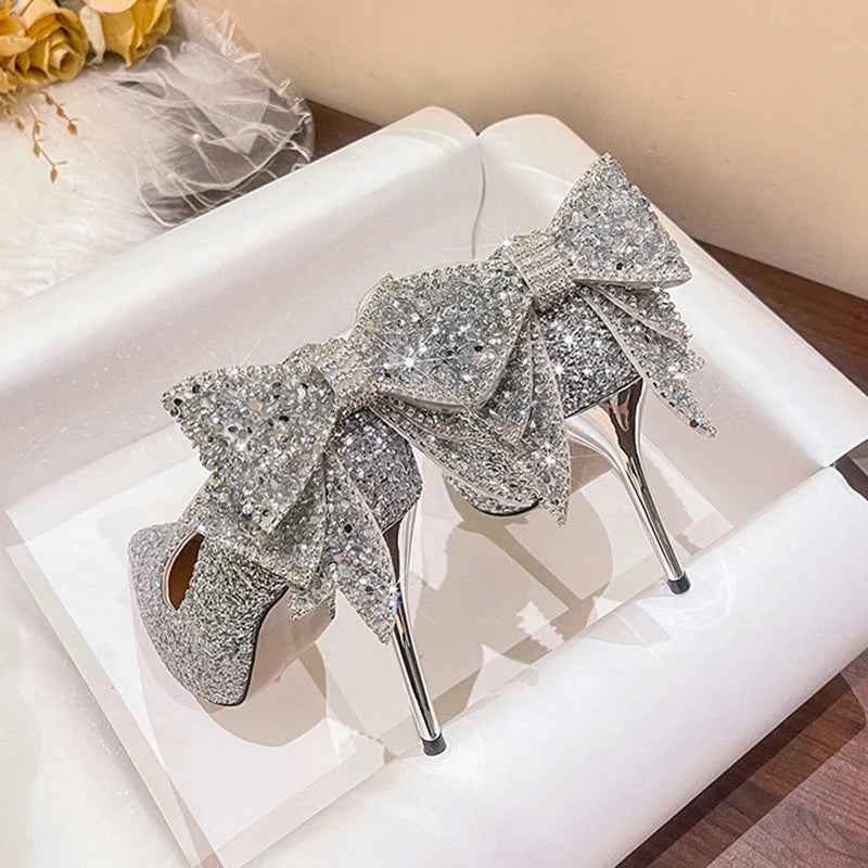 Bling Sequins Wedding Shoes for Women Bride  Elegant Pointed Toe Thin Heels Pumps Woman Silver Crystal High Heels for Ladies