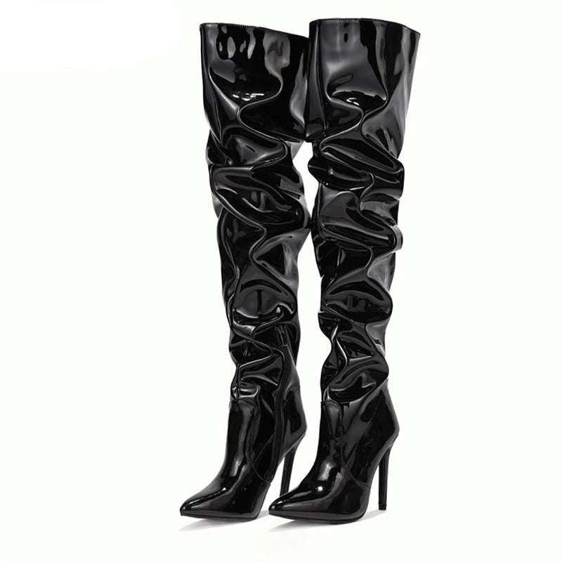 Pointed Toe Stiletto Heel Leather Thigh High Boots - Black