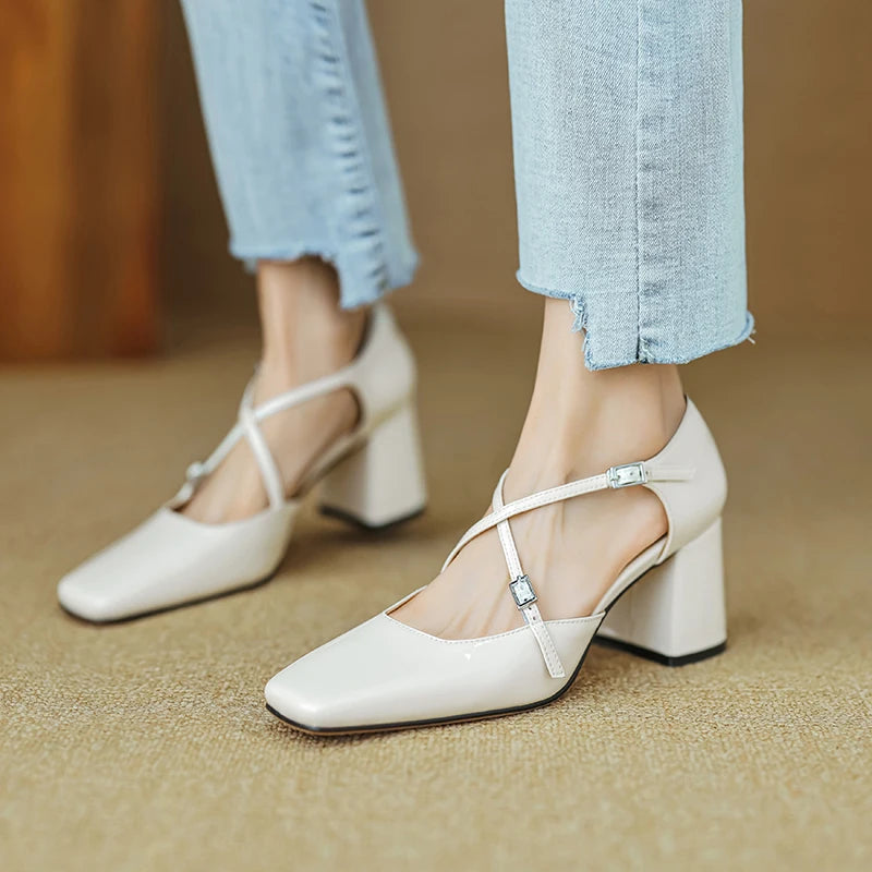 Futurecen Women Pumps 6 cm Mary Jane Shoes French Style  Patent Leather Sandals Buckle Spring Autumn Pumps Square Toe Lady Shoes