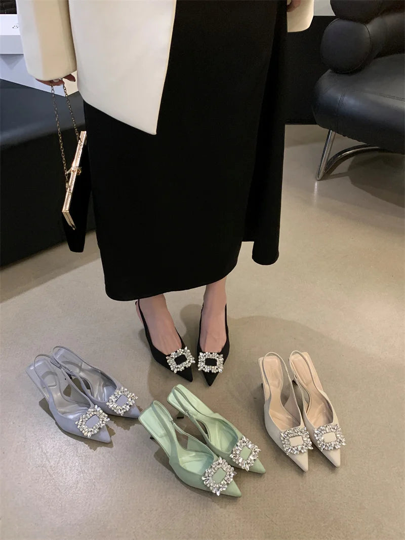 2024 Summer Pointed Toe Women Sandals Fashion Elegant Crystal Singbacks Shoes Ladies Sexy Thin Heel Party Dress Sandalias