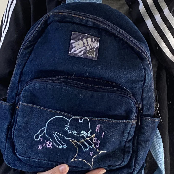 Futurecen  -  fancy bags Fashion Small Denim Backpack Kawaii Cat School Bag Mini Cute Schoolbag Deep Blue Backpacks Aesthetic Japanese Preppy Book Bags