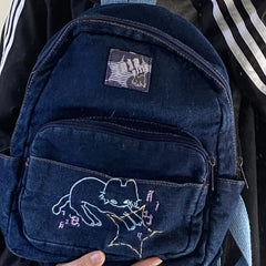 Futurecen  -  fancy bags Fashion Small Denim Backpack Kawaii Cat School Bag Mini Cute Schoolbag Deep Blue Backpacks Aesthetic Japanese Preppy Book Bags