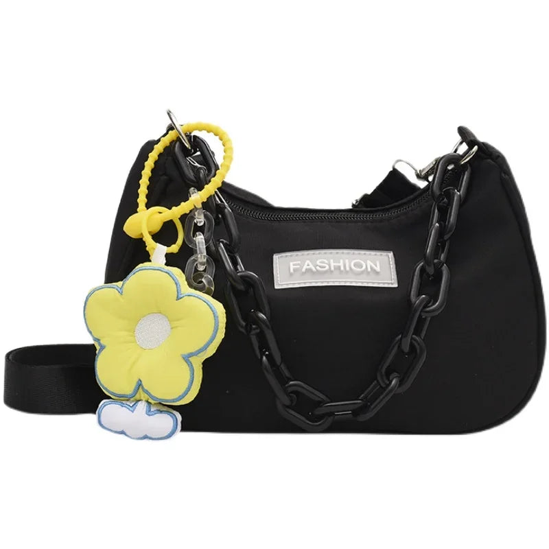 Futurecen  -  Japanese Harajuku Nylon Shoulder Bag Korean Y2k Simple Casual All Match Women Crossbody Bag Flower Pendant Aesthetic Handbag