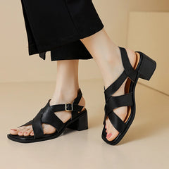 Futurecen NEW Summer Women Sandals Genuine Leather Shoes for Women Square Toe Chunky Heel Shoes Open Toe Narrow Band Gladiator Black Shoes