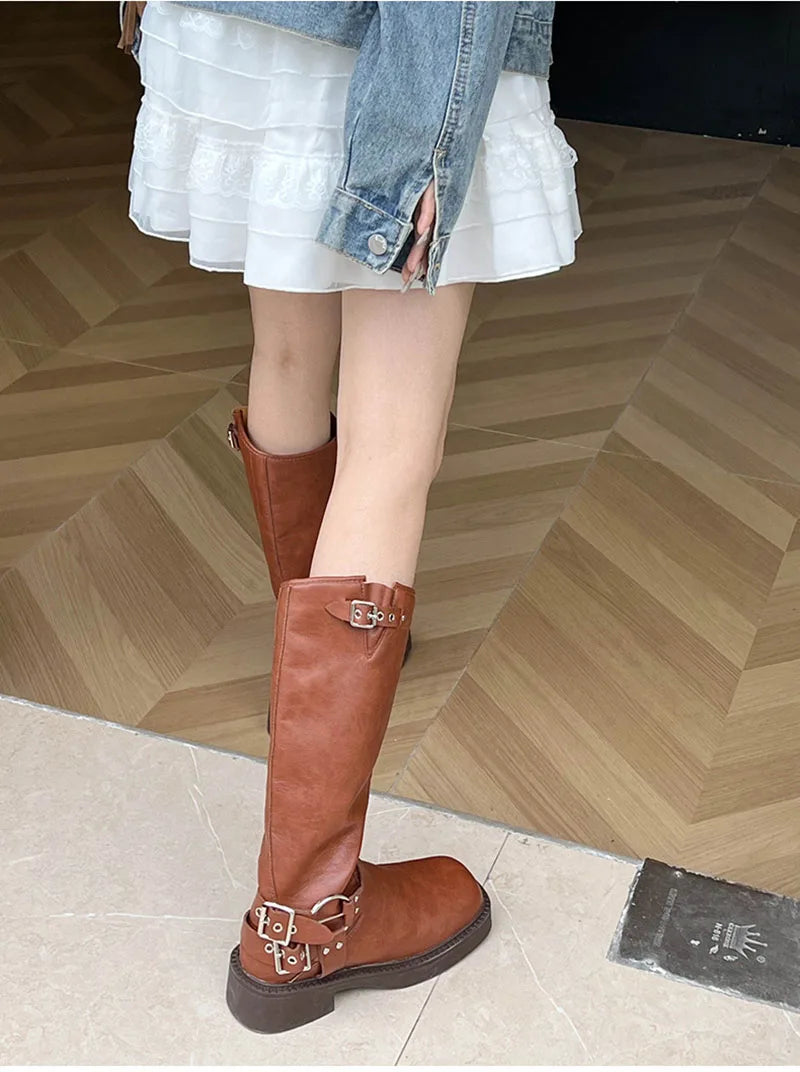 Futurecen Woman Western Cowgirl Boot Fashion Back Zippers Long Booties Autumn Winter Square Low Heel Girl Shoes