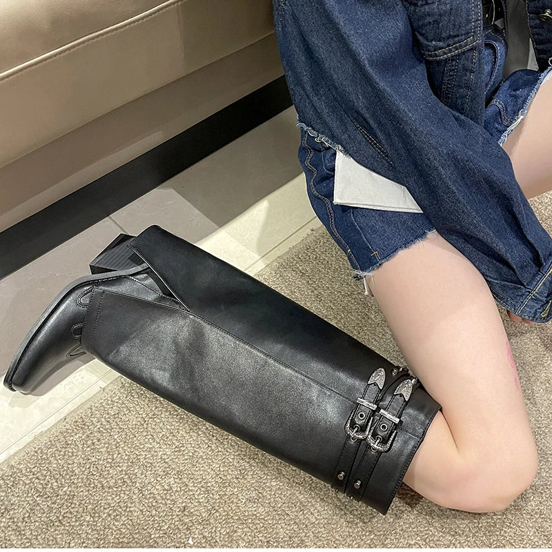 Futurecen Winter Women Cowboy Boots Fashion Slip On Belt Buckle Ladies Elegant Long Pipe Boots Casual Thick Heel Women's Boot