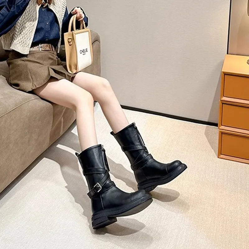 Futurecen  -  Thick Base Knight Boots Women New Vintage Middle-length Boots Front Zipper-up Western Shoes British Style Cross Buckle Shoe