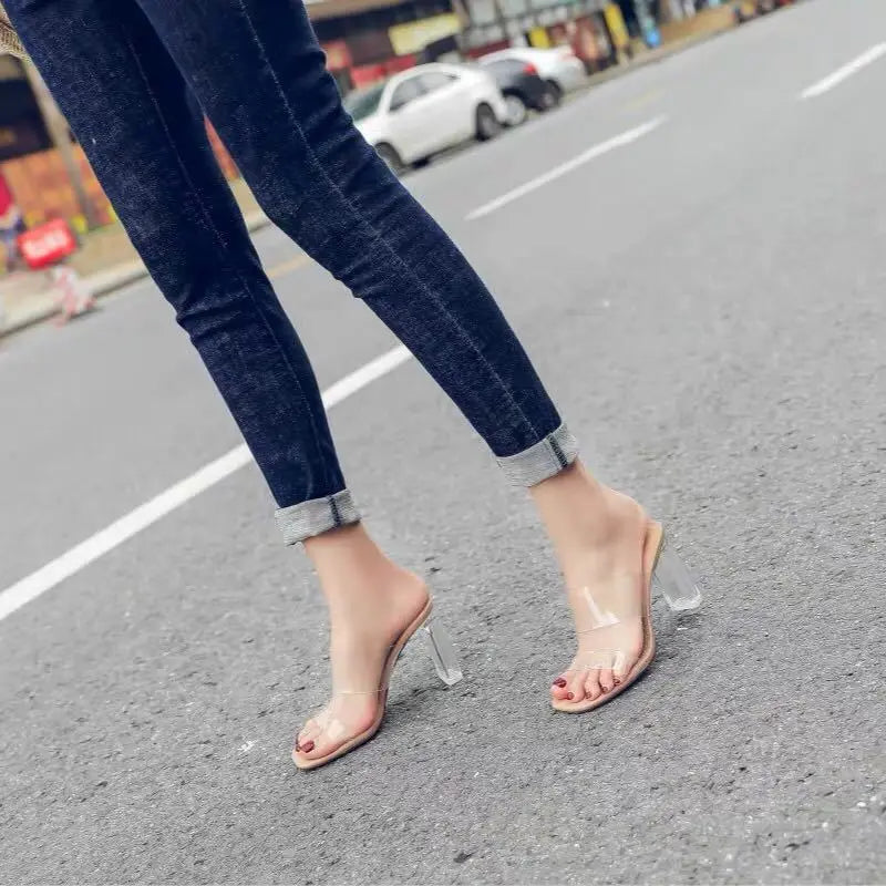 Summer Women Pumps Sandals PVC Jelly Slippers Open Toe High Heels Women Transparent Perspex Slippers Shoes Heel Clear Sandals