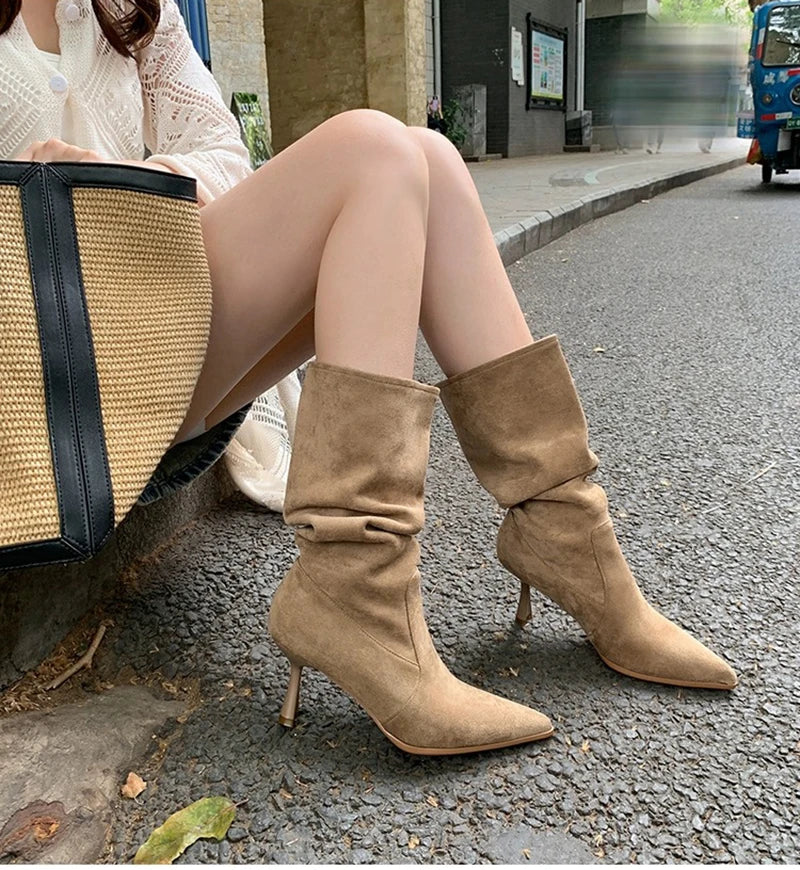 Futurecen Cowboy Boots For Women Fashion Slip On Long Boots Female Thin High Heel 2024 Autumn Winter Girl's Boots Shoes