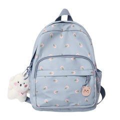 Small Nylon Women Backpacks Casual Lightweight Daypack Anti-Theft Bookbag with Cute Plush Bear Charm for Girls