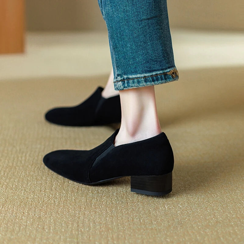 Futurecen  -  NEW Spring/Autumn Women Loafers Sheep Suede Leather Shoes for Women Square Toe Chunky Heel Soft Shoes Black Elegant Women Pumps