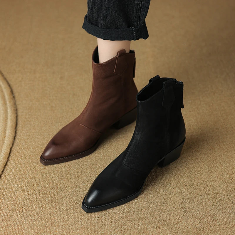 Fashion Short Boots Autumn Winter Basic Women Ankle Boots Genuine Leather Thick Heels Pointed Toe Mature New Arrival Boots Women