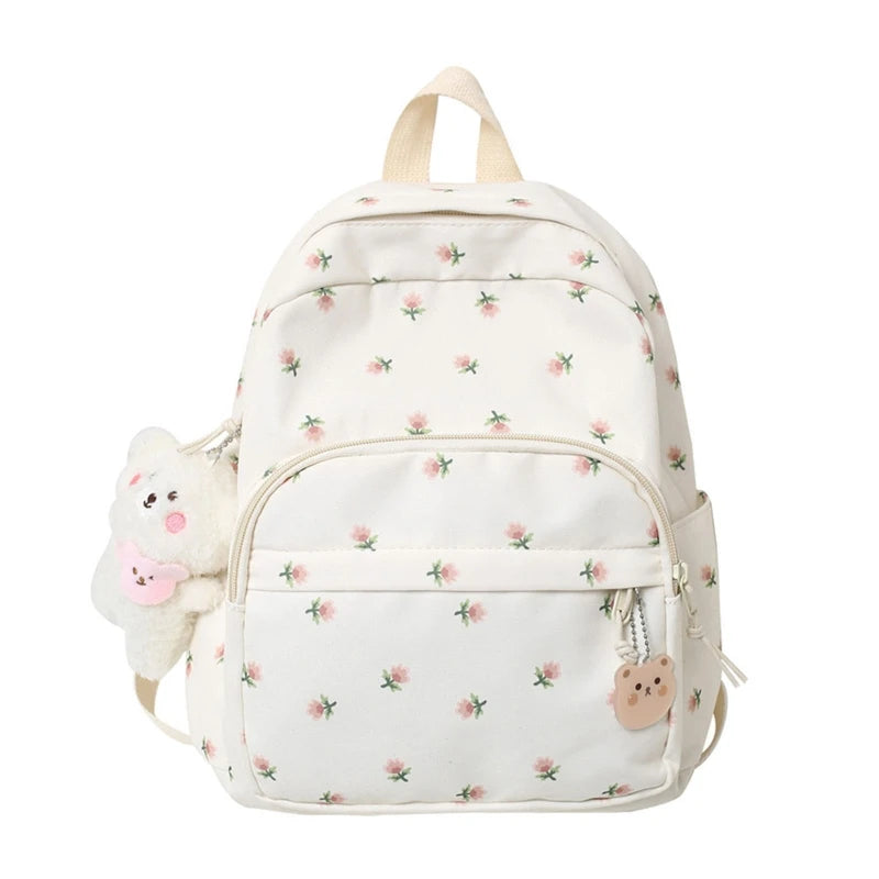 Futurecen Small Nylon Women Backpacks Casual Lightweight Daypack Anti-Theft Bookbag with Cute Plush Bear Charm for Girls