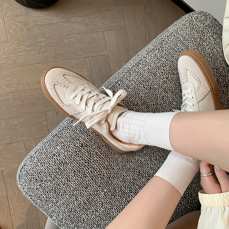 Futurecen NEW Autumn Casual Shoes Split Leather Shoes for Women Round Toe Thick Heel Platform Shoes Lace-up Women Sneakers German Trainer