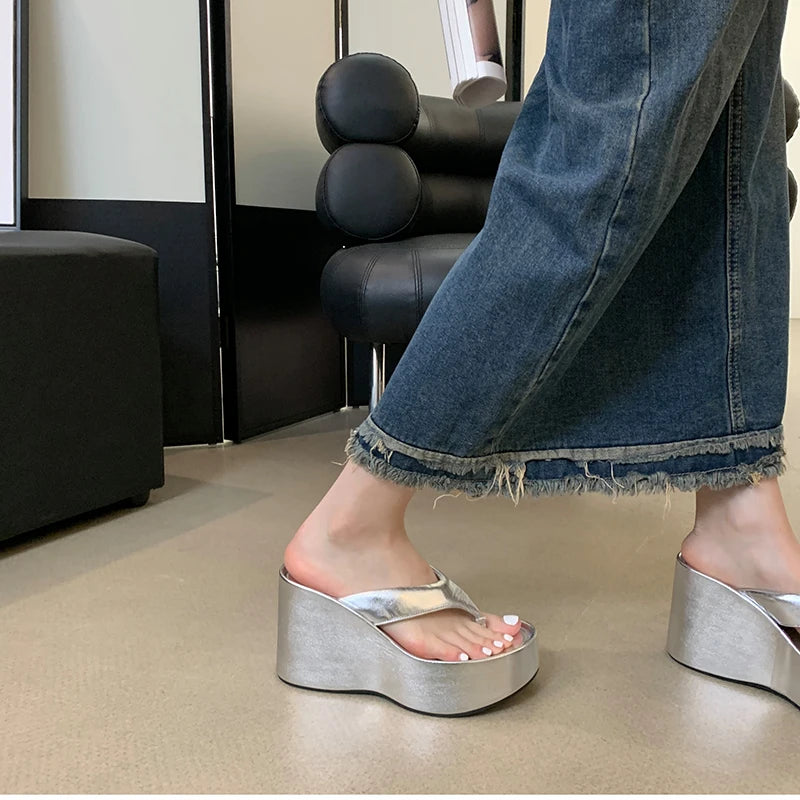 Futurecen 2024 Summer Platform Women Slippers Fashion Elegant Outdoor Silvery Slides Shoes Ladies Casual Wedges Heel Sandalias