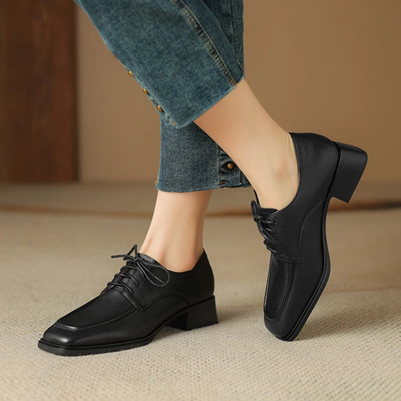 Futurecen NEW Spring/Autumn Women Shoes Square Toe Women Loafers Chunky Heel Shoes Split Leather Shoes for Women Retro Lace up Women Pumps