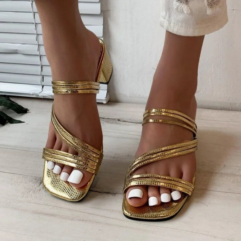 Futurecen Fashion Large 42 Thick Heel Slippers for Women Summer New Gold Strap Square Head Party Slides Outside Roman Banquet Shoes